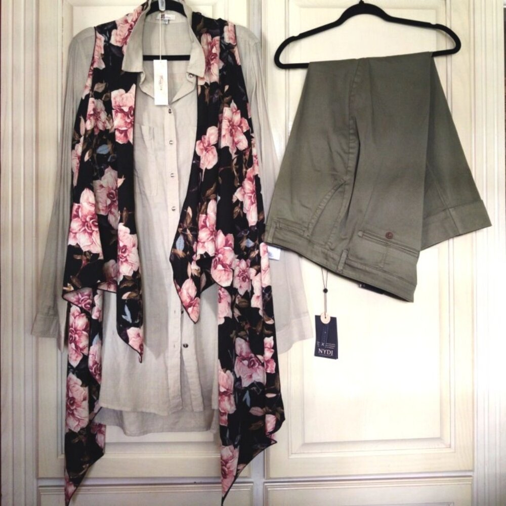 NYDJ Olive Trousers, Kut from Kloth Khaki Tunic, Floral Vest, 3 Piece, Sz XL-2X